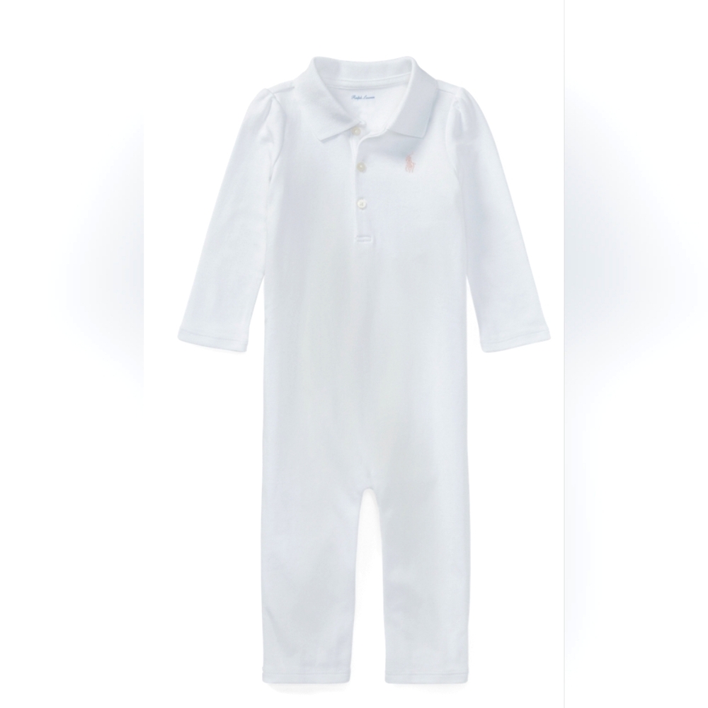 RALPH LAUREN BABY Girl's 6 mos Cotton Interlock Polo Coverall White w Pink Polo